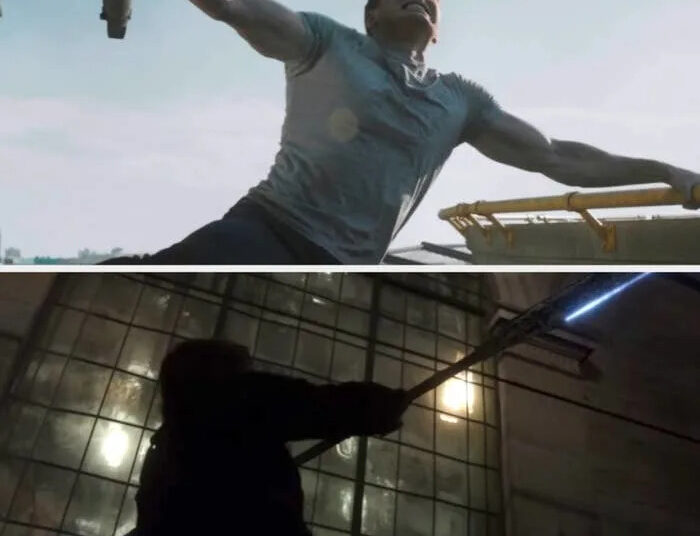 Collage of scenes depicting a muscular male character in various action poses and a dramatic setting; he appears determined and intense