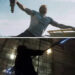 Collage of scenes depicting a muscular male character in various action poses and a dramatic setting; he appears determined and intense