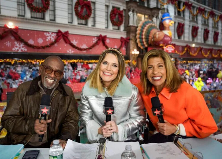 Al Roker, Savannah Guthrie and, Hoda Kotb hosting NBC's Macy's Thanksgiving Day Parade, November 28, 2025.