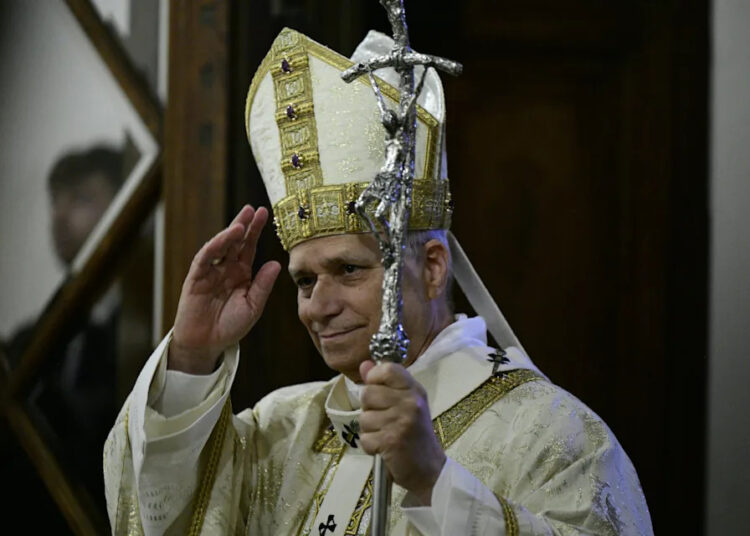 Pope Leo XIV presides over a mass for the 125th anniversary of the Dedication of the Church of Sant'Anselmo on the Aventine Hill in Rome on Nov. 11, 2025.