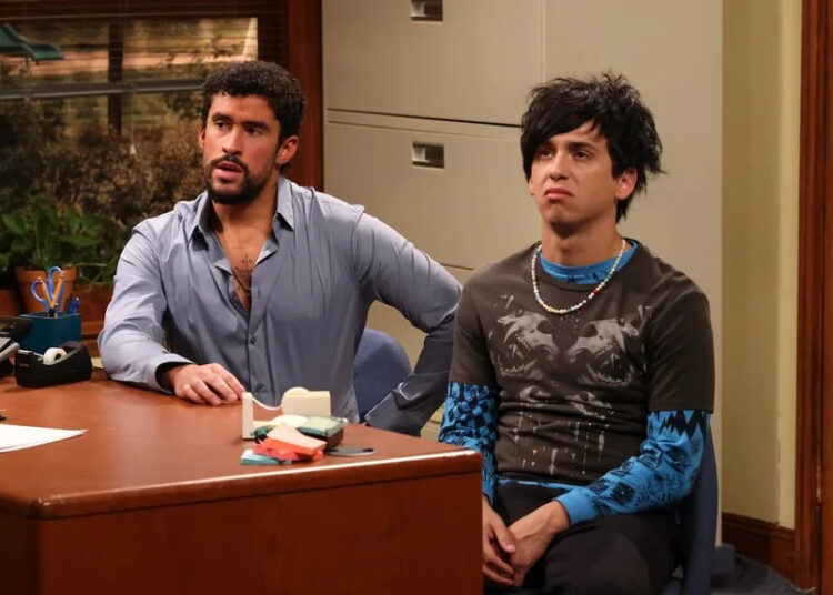 Bad Bunny in a dress shirt and Marcello Hernandez with emo hair.