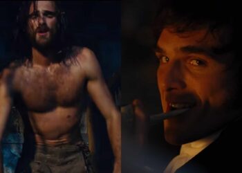 Jacob Elordi shirtless and biting a smoking pipe in Wuthering Heights
