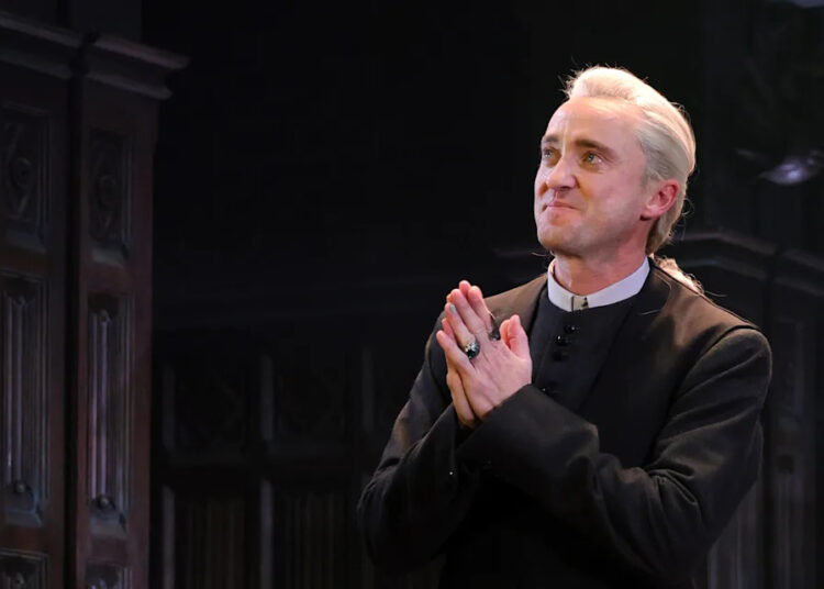 Tom Felton takes his curtain call during his Broadway debut as Draco Malfoy in "Harry Potter and The Cursed Child" at The Lyric Theatre in New York City on Nov. 11, 2025.