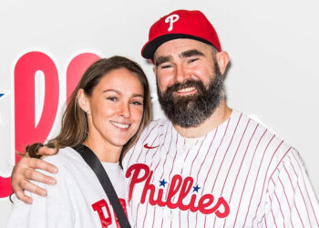 Ouzounova / SplashNews.com Kylie and Jason Kelce attend the Atlanta Braves vs Philadelphia Phillies match in Philadelphia on March 30, 2024