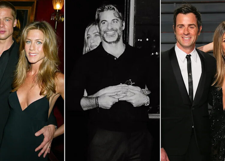 Jennifer Aniston with Brad Pitt, with Jim Curtis and with Justin Theroux.