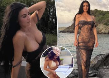 Kim Kardashian wears sheer lace dress on the beach