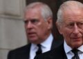 Britain's Prince Andrew, Duke of York (L) and Britain's King Charles III leave following a Requiem Mass, a Catholic funeral service, for the late Katharine, Duchess of Kent, at Westminster Cathedral in London on September 16, 2025. Britain's Duchess of Kent, known for her links to the Wimbledon tennis tournament and for anonymously teaching music at a primary school. The duchess, a talented pianist, organist and singer, was born Katharine Worsley into an aristocratic family in Yorkshire, northern England. (Photo by Adrian Dennis / AFP) (Photo by ADRIAN DENNIS/AFP via Getty Images)