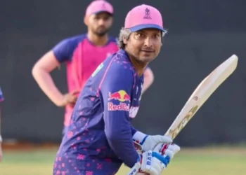 Kumar Sangakkara in Rajasthan Royals practice jersey during training session with bat in hand