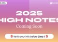2025 High Notes music event announcement with Bandsintown logo, promoting upcoming music festival and artist lineup, encouraging fans to verify info before December 1.