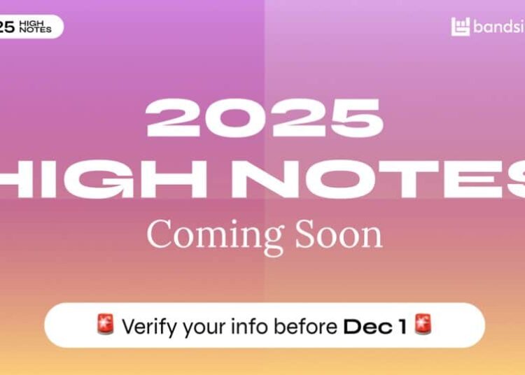 2025 High Notes music event announcement with Bandsintown logo, promoting upcoming music festival and artist lineup, encouraging fans to verify info before December 1.
