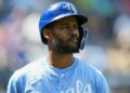 Aug 21, 2025; Kansas City, Missouri, USA; Kansas City Royals third baseman Maikel Garcia (11) reacts during the sixth inning against the Texas Rangers at Kauffman Stadium. Mandatory Credit: Jay Biggerstaff-Imagn Images