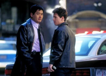 Chow Yun-fat looks cool in a leather jacked as Lieutenant Nick Chen while Mark Wahlberg looks scruffy as Detective Danny Wallace in The Corruptor
