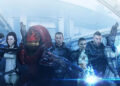Brandon Keener as the voice of Garrus Vakarian, Yvonne Strahovski as Miranda Lawson, Steve Blum as Grunt, Mark Meer as Shepard, Courtenay Taylor as Jack, Freddie Prinze, Jr. as James Vega, Ali Hillis as Liara T'Soni, and Liz Sroka as Tali'Zorah on the cover of Mass Effect 3