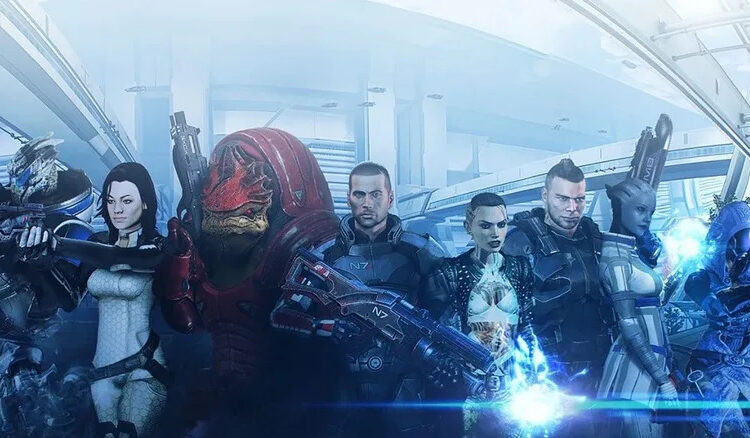 Brandon Keener as the voice of Garrus Vakarian, Yvonne Strahovski as Miranda Lawson, Steve Blum as Grunt, Mark Meer as Shepard, Courtenay Taylor as Jack, Freddie Prinze, Jr. as James Vega, Ali Hillis as Liara T'Soni, and Liz Sroka as Tali'Zorah on the cover of Mass Effect 3