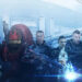Brandon Keener as the voice of Garrus Vakarian, Yvonne Strahovski as Miranda Lawson, Steve Blum as Grunt, Mark Meer as Shepard, Courtenay Taylor as Jack, Freddie Prinze, Jr. as James Vega, Ali Hillis as Liara T'Soni, and Liz Sroka as Tali'Zorah on the cover of Mass Effect 3