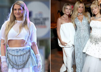 A split of Meghan Trainor in 2024 and Meghan with Paris Hilton and Julianne Hough at the Baby2Baby Gala