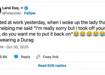 Tweet about fainting at work; a helper removed the poster's headwear, mistaking it for a hijab, and offered to replace it. It was a durag