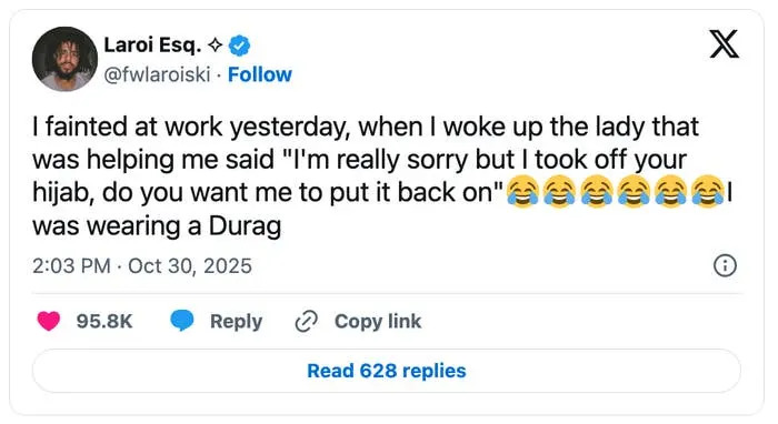 Tweet about fainting at work; a helper removed the poster's headwear, mistaking it for a hijab, and offered to replace it. It was a durag