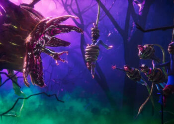 The Hawkins gang being almost devoured by a giant monster plant in Stranger Things: Tales from '85