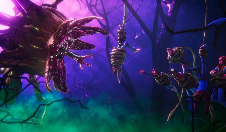 The Hawkins gang being almost devoured by a giant monster plant in Stranger Things: Tales from '85