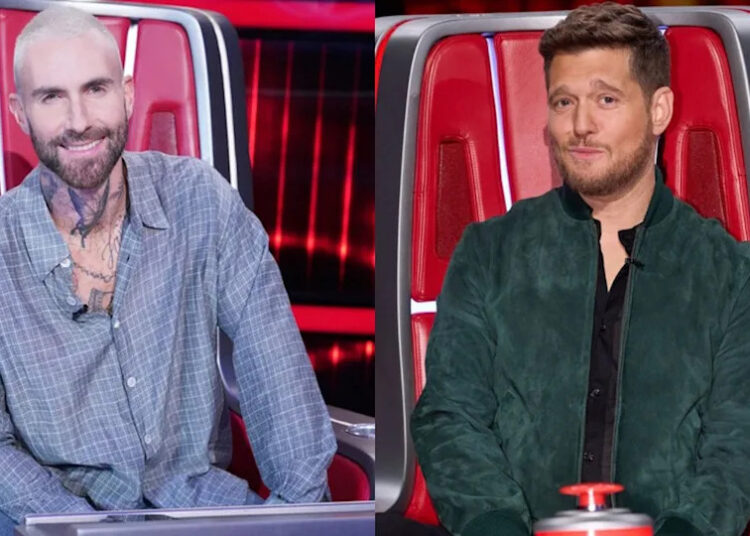 Adam Levine and Michael Buble are shown in side-by-side images sitting in their Big Red Chairs on The Voice.