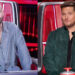 Adam Levine and Michael Buble are shown in side-by-side images sitting in their Big Red Chairs on The Voice.