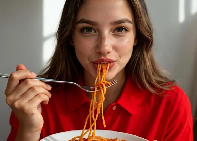 The AI actor Tilly Norwood, generated in the style of the “Will Smith eating spaghetti” meme.<span class="copyright">Eline Van der Velden </span>