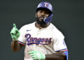 Aug 23, 2025; Arlington, Texas, USA; Texas Rangers right fielder Adolis Garcia (53) rounds the bases after he hits a two run home run against the Cleveland Guardians during the fifth inning at Globe Life Field. Mandatory Credit: Jerome Miron-Imagn Images