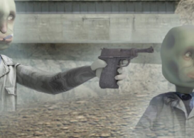 Straftat protagonist character pointing gun at other Straftat main character