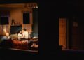 Cher Álvarez and Patrick Heusinger sit in bed in the play "Paranormal Activity."