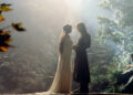 Two characters in flowing robes stand facing each other in a mystical forest setting, surrounded by lush greenery and soft, ethereal light