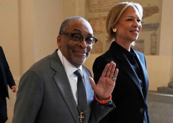 Film director Spike Lee and his wife, Tonya Lewis Lee leave at the end of an audience of Pope Leo XIV with actors and directors from the cinema at the Vatican,  Nov. 15, 2025.
