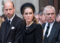 LONDON, UNITED KINGDOM - SEPTEMBER 16, 2025: William, Prince of Wales, Catherine, Princess of Wales and Prince Andrew, Duke of York attend Requiem Mass service at Westminster Cathedral for the Duchess of Kent who died aged 92 earlier this month in London, United Kingdom on September 16, 2025. The service was the first Catholic funeral held for a member of the Royal Family in modern British history. (Photo credit should read Wiktor Szymanowicz/Future Publishing via Getty Images)