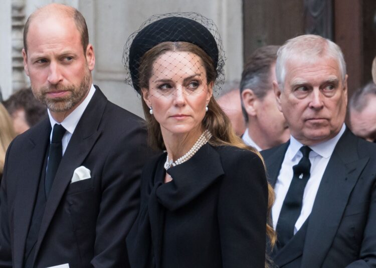 LONDON, UNITED KINGDOM - SEPTEMBER 16, 2025: William, Prince of Wales, Catherine, Princess of Wales and Prince Andrew, Duke of York attend Requiem Mass service at Westminster Cathedral for the Duchess of Kent who died aged 92 earlier this month in London, United Kingdom on September 16, 2025. The service was the first Catholic funeral held for a member of the Royal Family in modern British history. (Photo credit should read Wiktor Szymanowicz/Future Publishing via Getty Images)