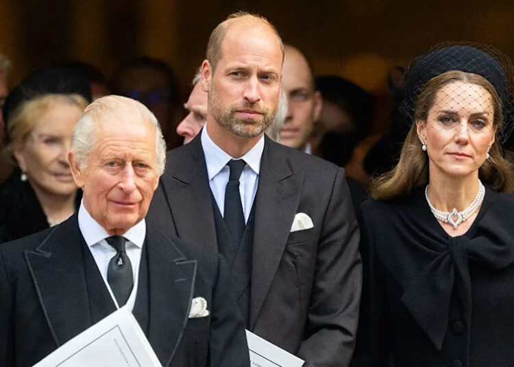 King Charles, Prince William and Kate Middleton looking somber as they wear matching black formal attire outside a church.