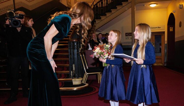 The Princess of Wales meets Emelia and Olivia Edwards. Pic: PA