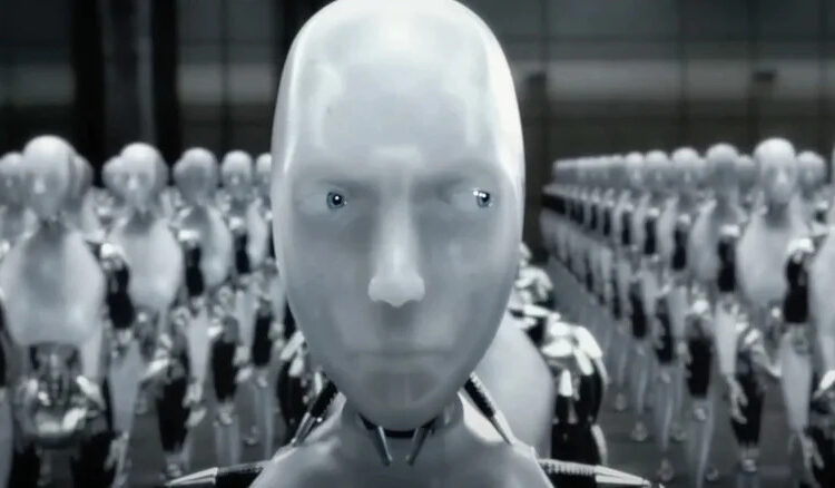 Sonny in a crowd of robots in I, Robot