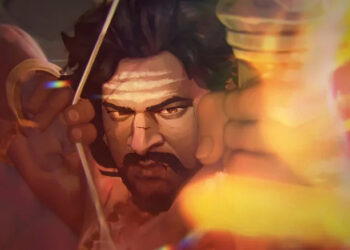 Prabhas as the voice of Mahendra Baahubali holding a fiery bow and arrow in Baahubali: The Eternal War - Part 1