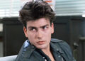 Charlie Sheen in Ferris Bueller's Day Off, wearing a leather jacket and with feathery hair