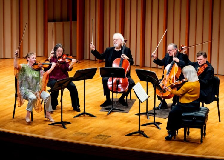 Members of Los Angeles Chamber Orchestra performing Brahms' String Sextet No. 1