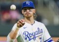 Sep 3, 2025; Kansas City, Missouri, USA; Kansas City Royals shortstop Bobby Witt Jr. (7) catches the ball during the ninth inning against the Los Angeles Angels at Kauffman Stadium. Mandatory Credit: Jay Biggerstaff-Imagn Images