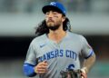 Jul 20, 2025; Miami, Florida, USA; Kansas City Royals second baseman Jonathan India (6) looks on against the Miami Marlins during the seventh inning at loanDepot Park. Mandatory Credit: Sam Navarro-Imagn Images