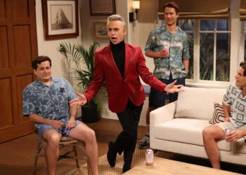 Will Heath/NBC Jeremy Culhane, Marcello Hernández as Sebastian Maniscalco, Glen Powell, and Tommy Brennan on 'SNL'