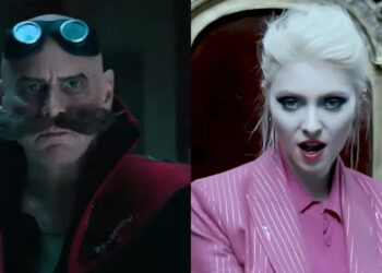 Side by side of Jim Carrey in Sonic 3 and Taylor Momsen in The Pretty Reckless' "And So It Went" music video.
