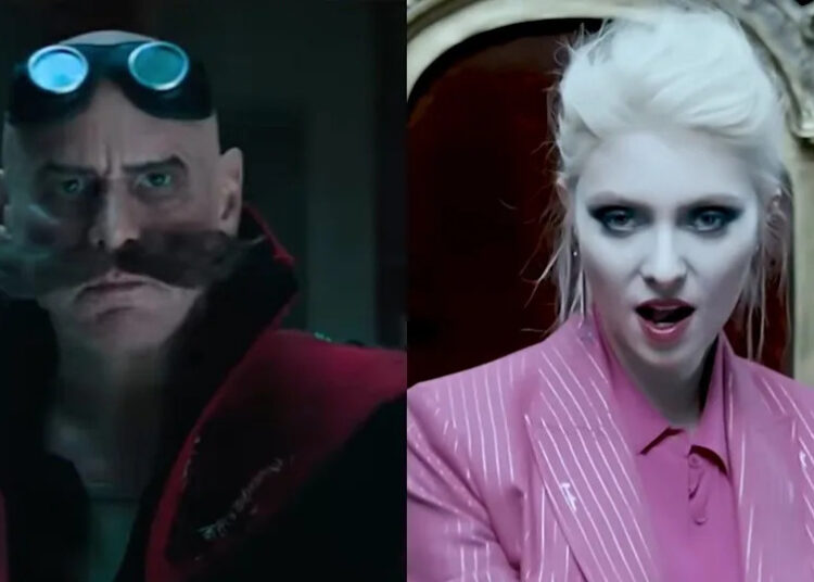 Side by side of Jim Carrey in Sonic 3 and Taylor Momsen in The Pretty Reckless' "And So It Went" music video.