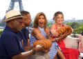 "Today" hosts Al Roker, left, Craig Melvin, Hoda Kotb, and Savannah Guthrie try giant croissants before filming during the 2024 Paris Olympics.