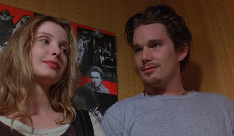 Before Sunrise (1995) - Céline and Jesse standing in corner of music store together