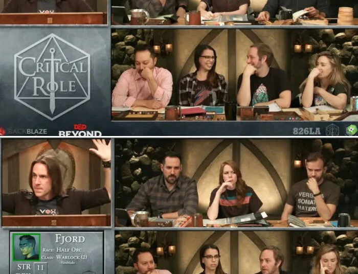 Cast of Critical Role playing Dungeons & Dragons around a table during a game session, showing animated expressions and interactions