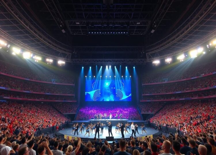 A grand international sports arena, its towering stage illuminated by vibrant spotlights. On the stage, a diverse ensemble of world-renowned musicians and performers, their energetic routines captivating a packed audience of sports fans. The atmosphere is electric, with the crowd's thunderous cheers echoing throughout the venue. Capturing the fusion of athletic prowess and musical artistry, the scene reflects the powerful intersection of global sports and culture.
