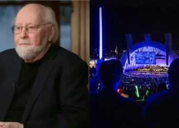 (Left) John Williams (Right) The Hollywood Bowl during a John Williams concert.